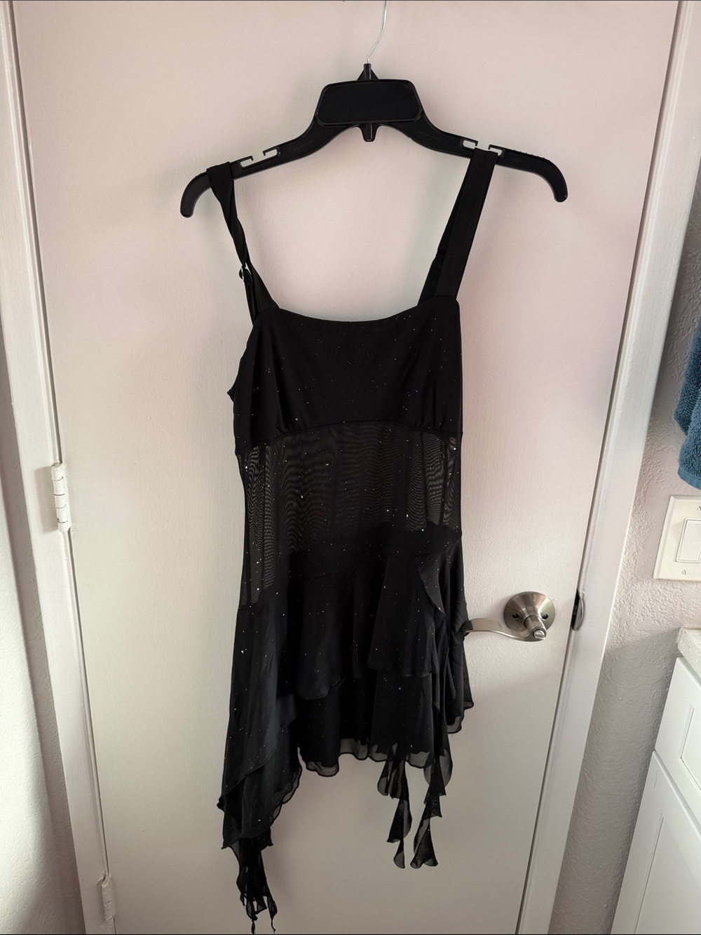 iHeartRaves Black Mini Dress with Sheer Panels and Ruffled Hem